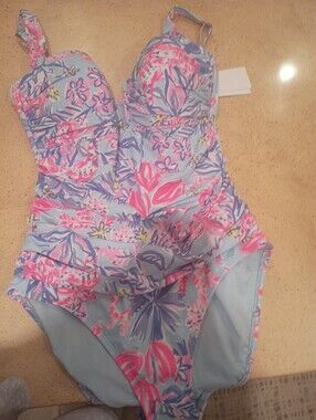 Lilly Pulitzer Light Blue One-Piece Swimsuit with Pink & Purple Floral Print